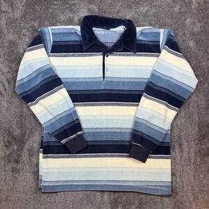 Vintage Campus Mens Large Velour Striped Long Sleeve Polo Shirt Blue Made in USA